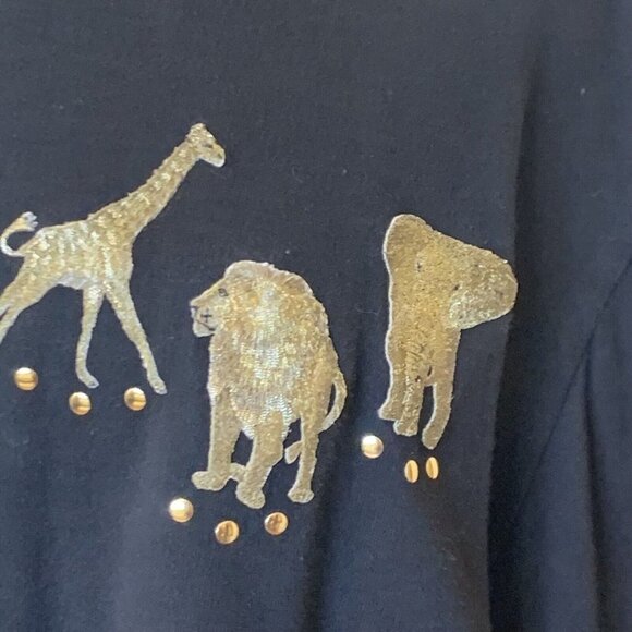 Tia womens top SZ LG womens Exotic animals Giraffe Lion Elephant Black s… - Picture 3 of 6